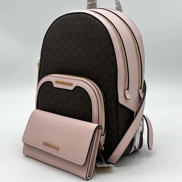 Michael Kors Medium Jaycee Zip Packet Backpack & Trifold Wallet Powder Blush - Picture 1 of 10